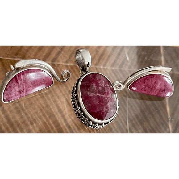 Sterling Silver Lepodolite JSH Signed Earrings And Faceted Pendant - Picture 9 of 11